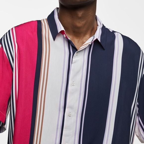 Zara Men's Relaxed Fit Short Sleeve Button Up Pink Blue Stripe Shirt Sz M NWT - Picture 3 of 16